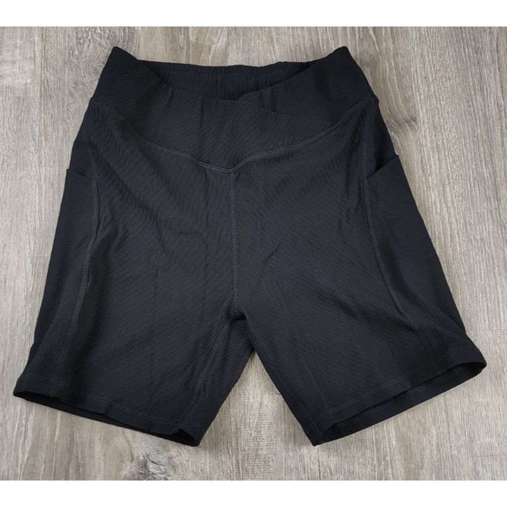 Black Large Ribbed Shorts Athletic Cross V‎ Waist Pockets 6in Nylon